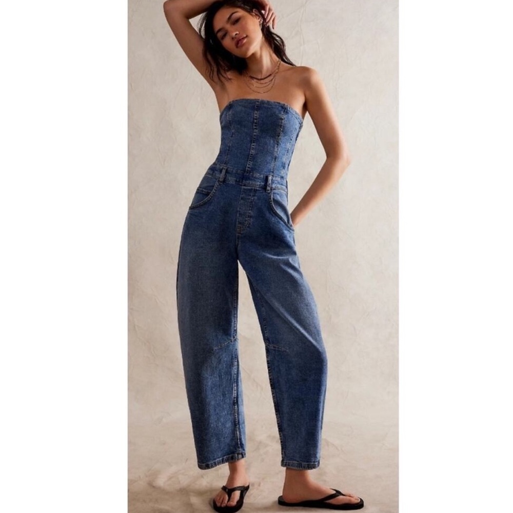 Free People We The Free Je Suis Pret Barrel Jumpsuit Denim